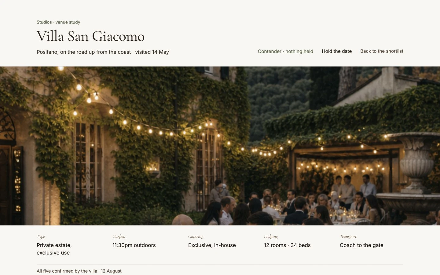 Preview of the venue study, with a villa photograph, lodging, curfew, and transport facts