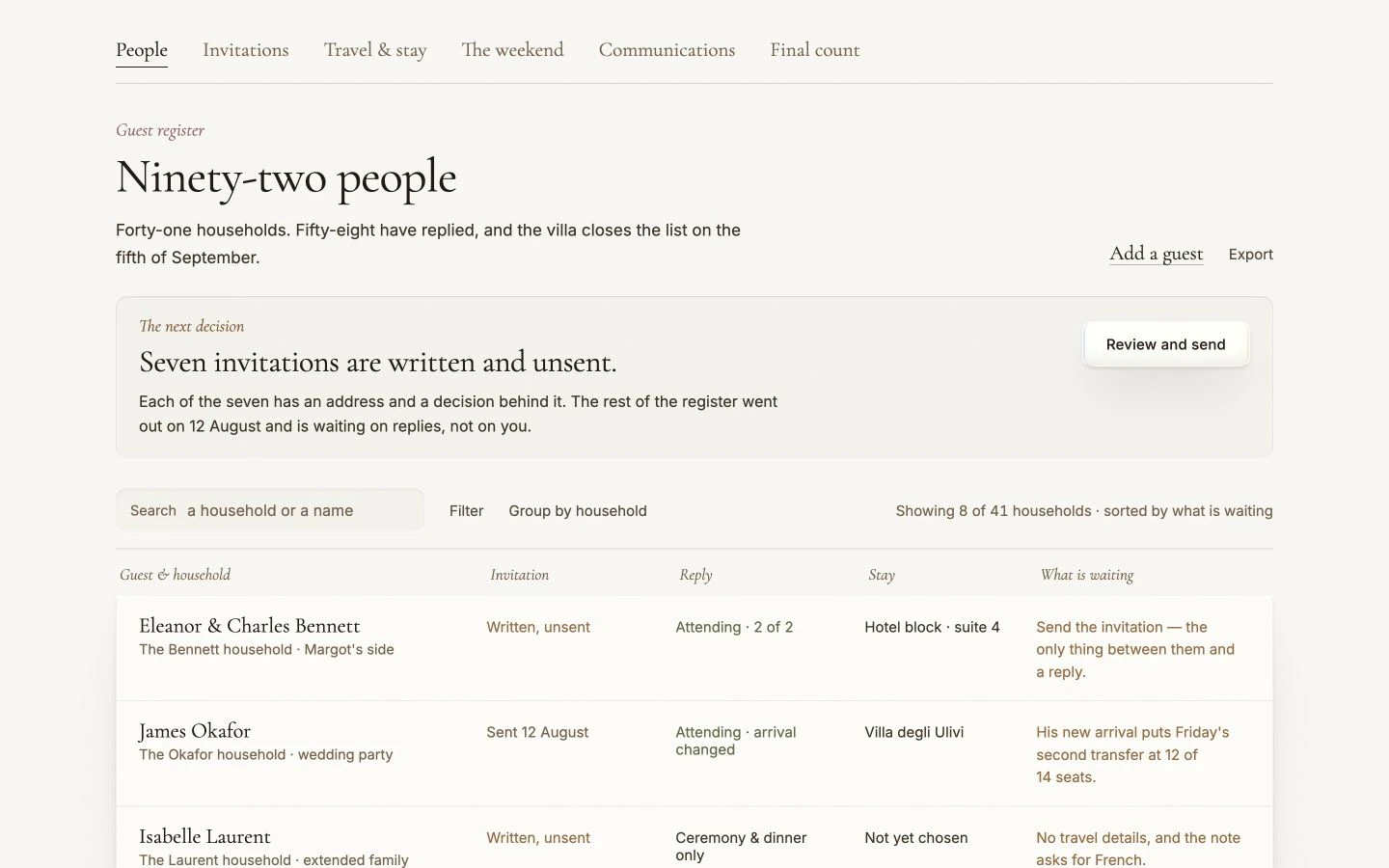 Preview of the guest register, with household invitations, replies, stays, and follow-ups