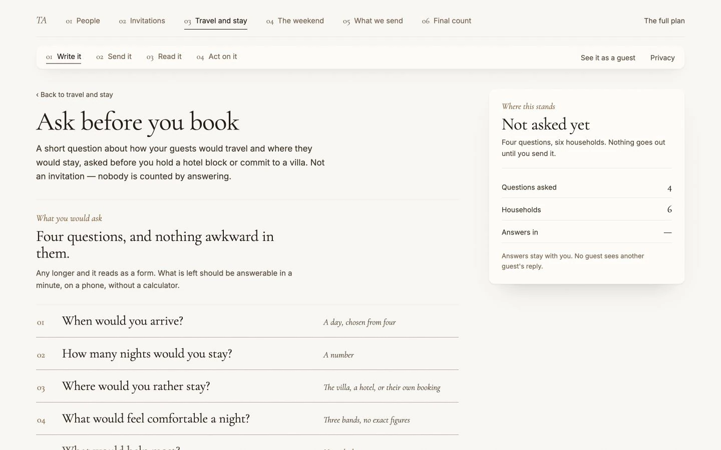 Preview of the guest travel survey, asking about arrival days, nights, and places to stay